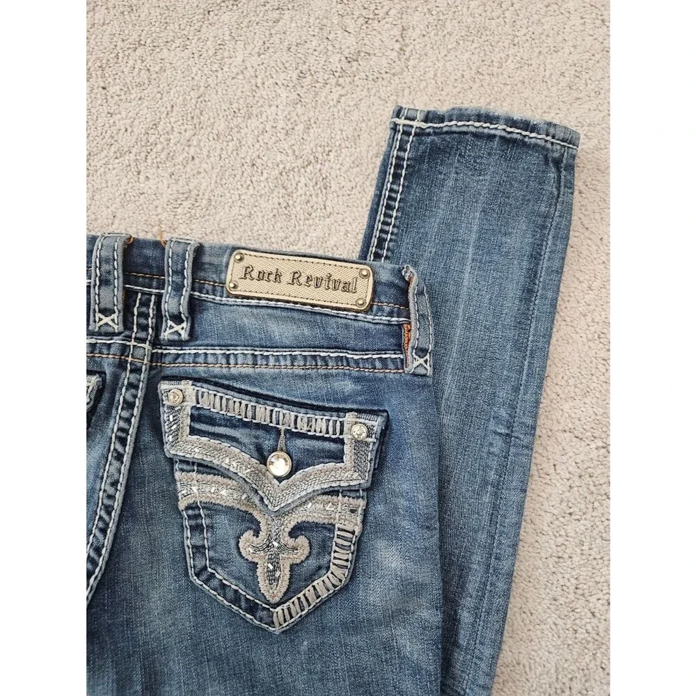 Rock Revival Embroidered Flap Back Pockets Y2K Jen Skinny Denim Jeans Women 27
